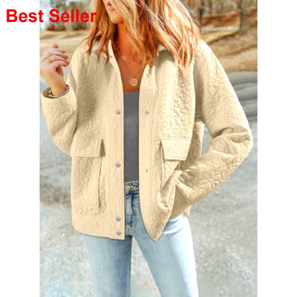 Women's Jacquard Button-Down Shacket Jacket with Pockets, Long Sleeve Casual - Picture 3 of 7